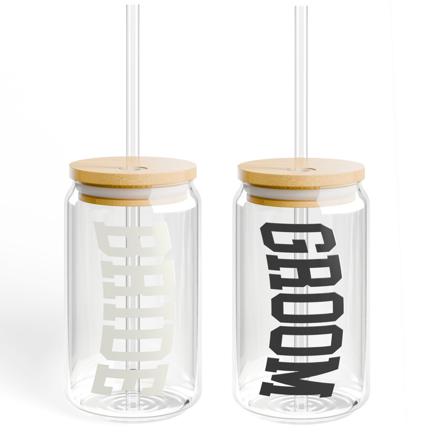 2 Pack Varsity Bride & Groom Glasses With Lid & Straw - Black & White