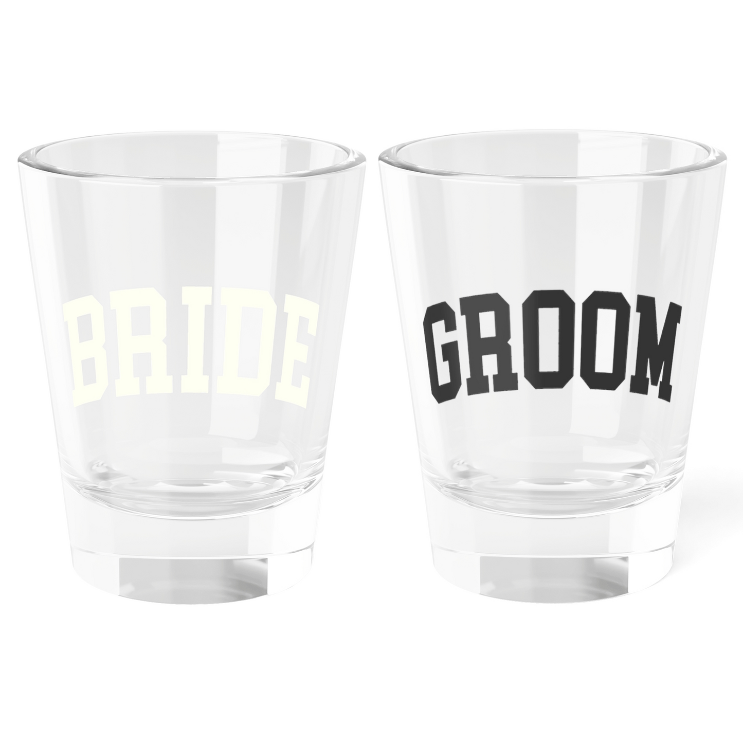 2 Pack Varsity Bride & Groom Shot Glasses - Black & White